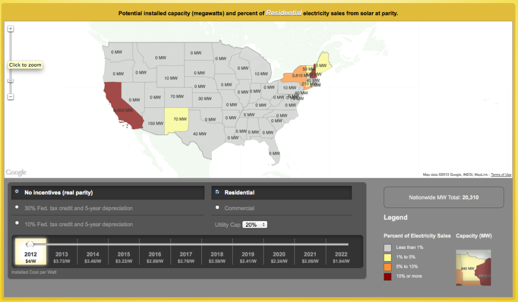 Screen shot of the Greatest Most Interactive U.S. Solar Grid Parity Map from the Institute for Local Self-Reliance 