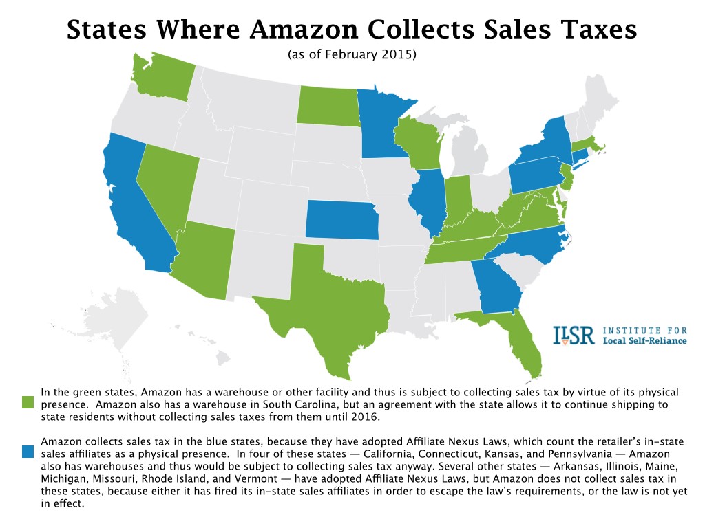 Map: States where Amazon collects sales tax.