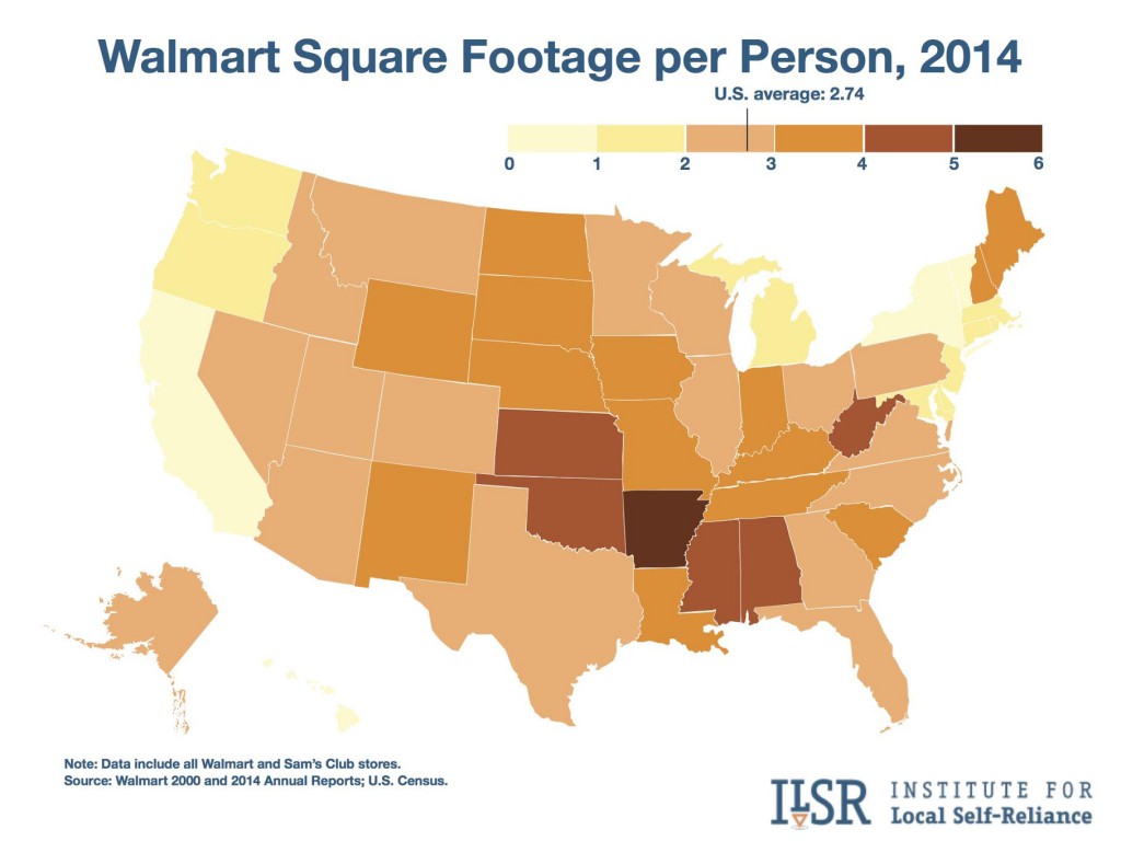 Map: Walmart square footage per person, 2014.