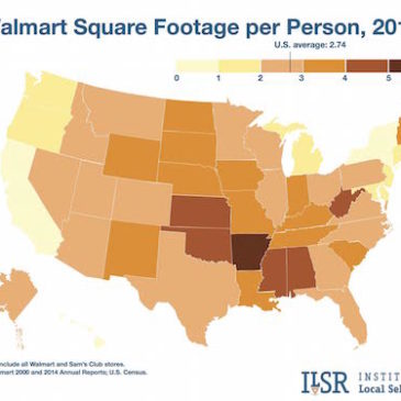 Map: Walmart Square Footage per person in 2014.