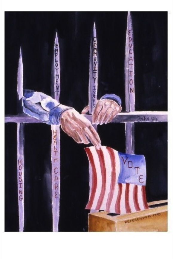 prisoner behind bars with flag