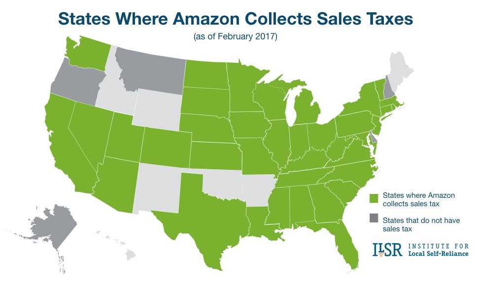 Map of states where Amazon collects sales taxes, Feb. 2017.
