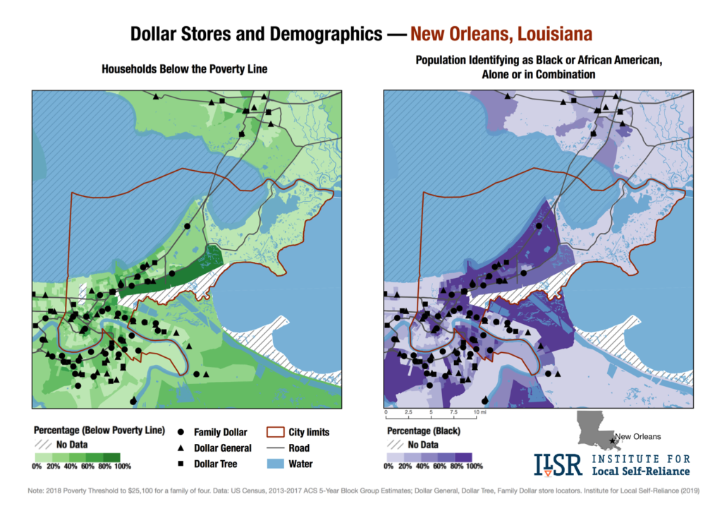 Dollar stores and demographics maps — New Orleans, La.